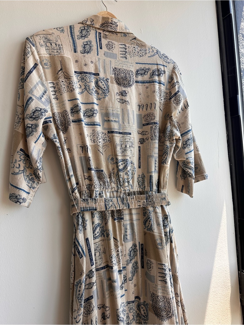 Rare Vintage Linen 70s/80s Printed Button-Front Midi Dress with Tie Waist - Picture 11 of 15